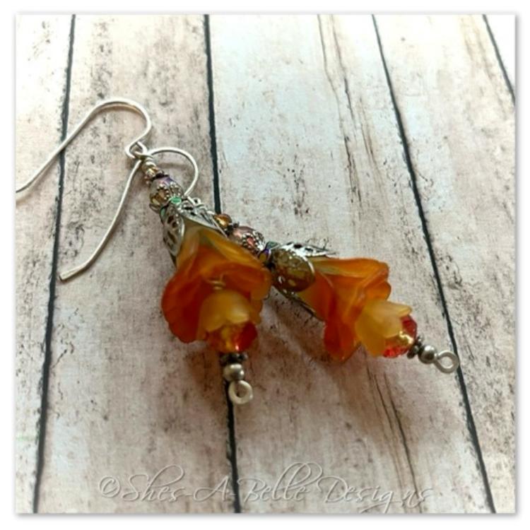 Orange Blossom Fairy Flower Drop Earrings in Antique Silver, Lucite Flower Earrings