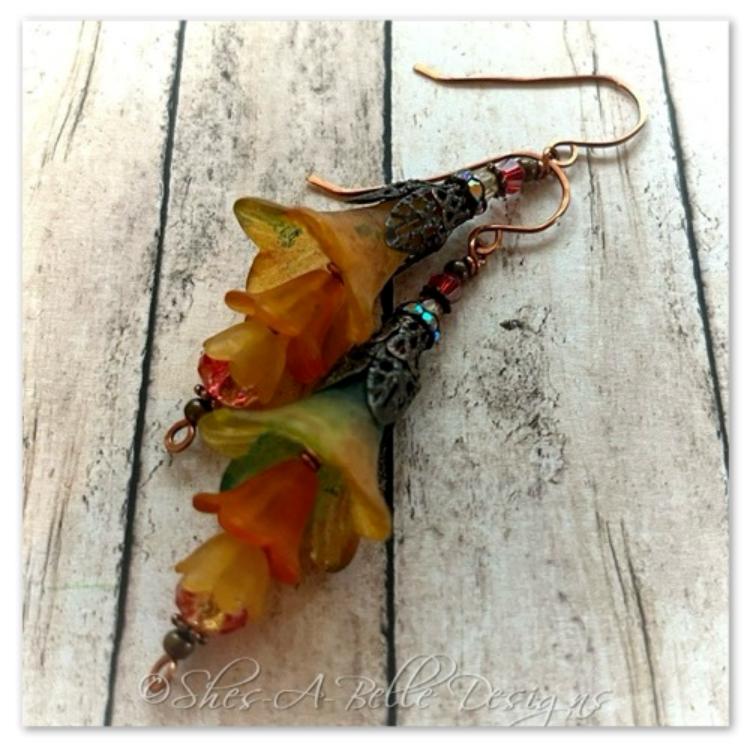 Orange Blossom Fairy Flower Trumpet Trail Earrings in Antique Copper, Lucite Flower Earrings