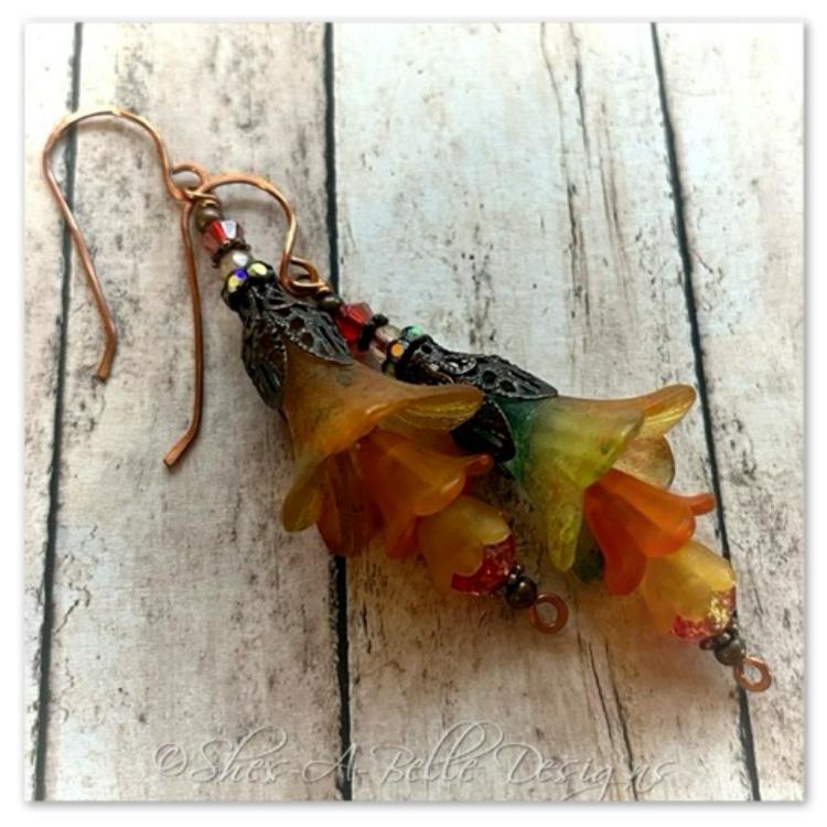 Orange Blossom Fairy Flower Trumpet Trail Earrings in Antique Copper, Lucite Flower Earrings