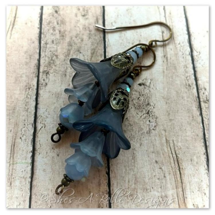 Blue Spruce Fairy Flower Trumpet Trail Earrings in Antique Bronze, Lucite Flower Earrings