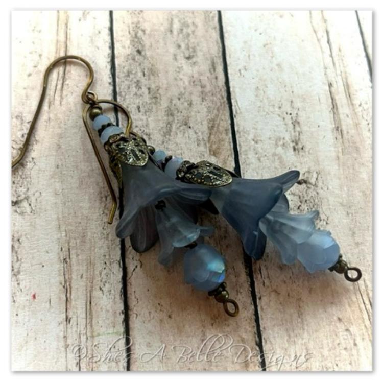 Blue Spruce Fairy Flower Trumpet Trail Earrings in Antique Bronze, Lucite Flower Earrings