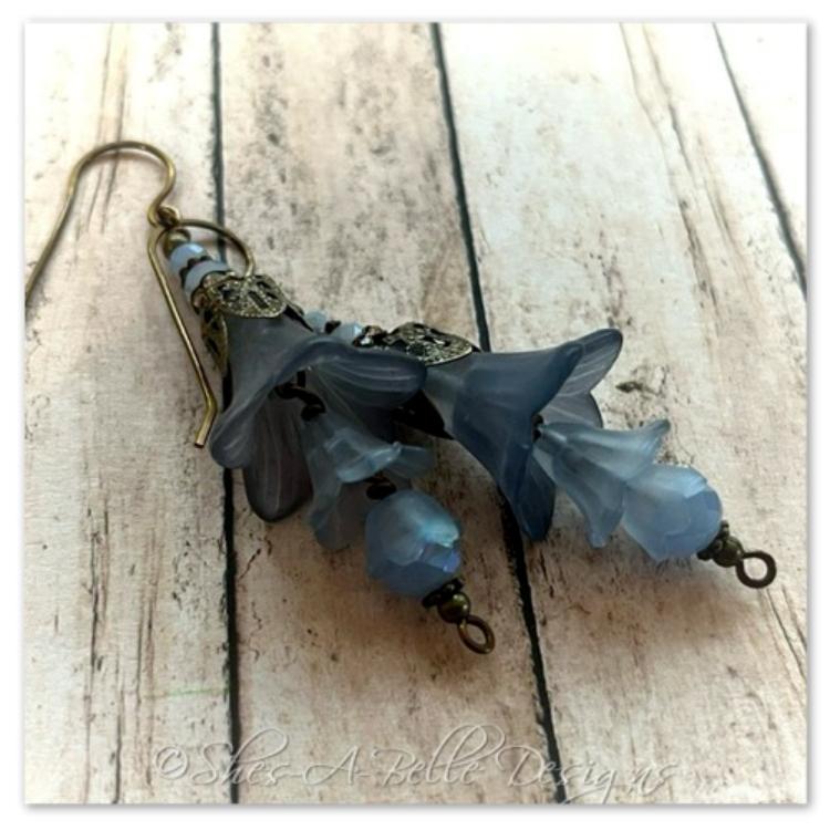 Blue Spruce Fairy Flower Trumpet Trail Earrings in Antique Bronze, Lucite Flower Earrings