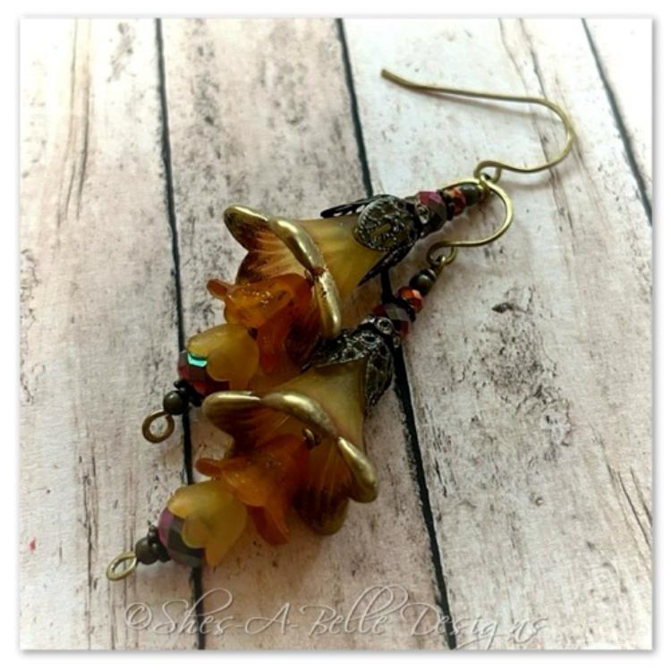 Autumn Fairy Flower Trumpet Trail Earrings in Antique Bronze, Lucite Flower Earrings