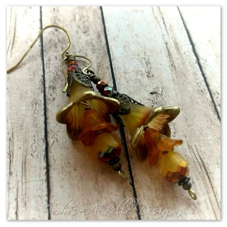 Autumn Fairy Flower Trumpet Trail Earrings in Antique Bronze, Lucite Flower Earrings