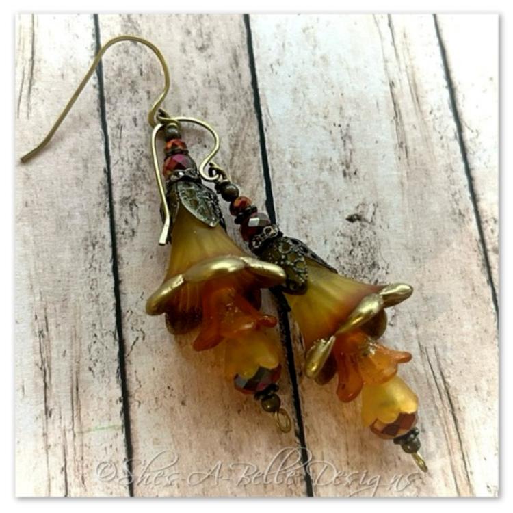 Autumn Fairy Flower Trumpet Trail Earrings in Antique Bronze, Lucite Flower Earrings