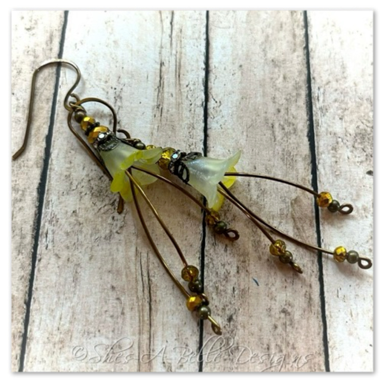 Lemon Drop Fairy Flower Cascade Earrings in Antique Bronze, Lucite Flower Earrings