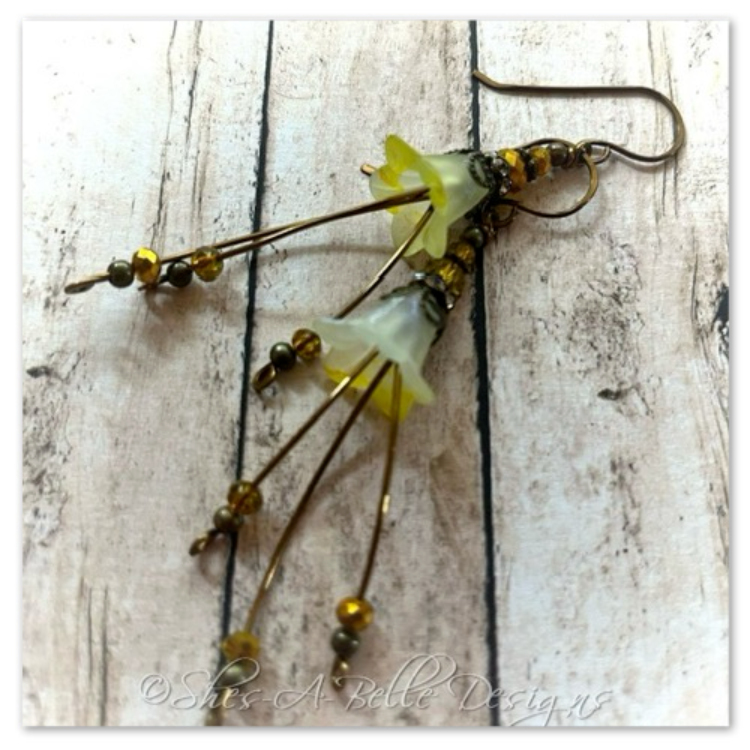 Lemon Drop Fairy Flower Cascade Earrings in Antique Bronze, Lucite Flower Earrings