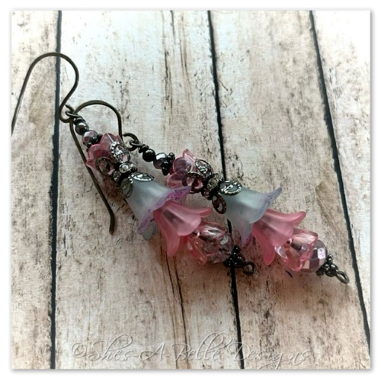 Apple Blossom Fairy Flower Vine Earrings in Gunmetal, Lucite Flower Earrings