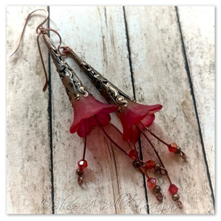 Cherry Blossom Fairy Flower Trumpet Cascade Earrings in Antique Copper, Lucite Flower Earrings