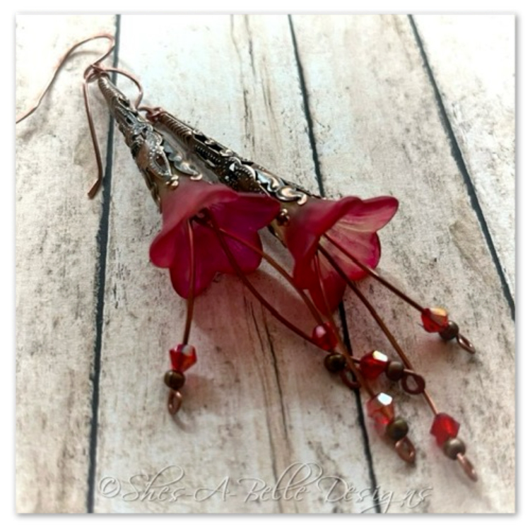 Cherry Blossom Fairy Flower Trumpet Cascade Earrings in Antique Copper, Lucite Flower Earrings