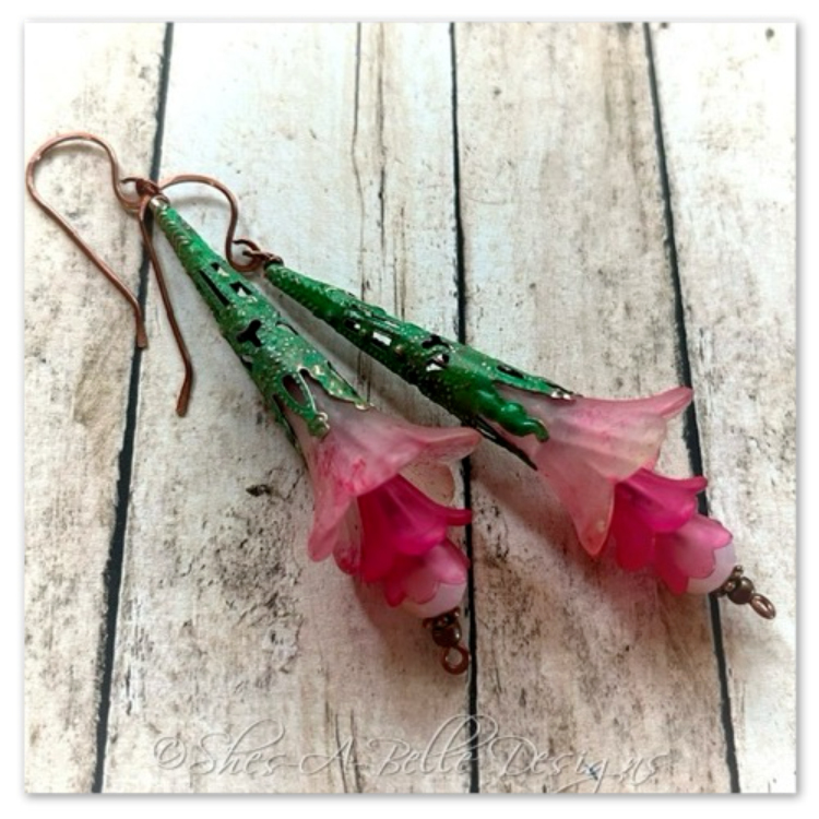 Apple Blossom Fairy Flower Trumpet Drop Earrings in Antique Copper Patina, Lucite Flower Earrings