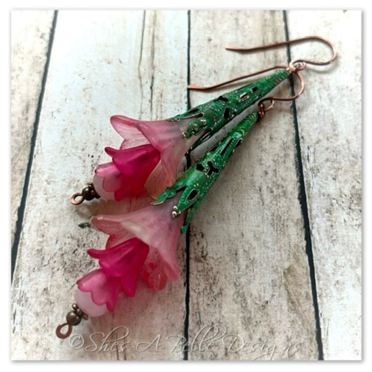 Apple Blossom Fairy Flower Trumpet Drop Earrings in Antique Copper Patina, Lucite Flower Earrings