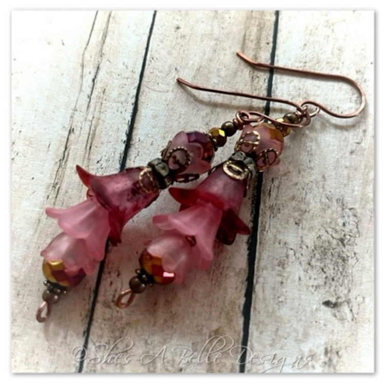 Cherry Blossom Fairy Flower Vine Earrings in Antique Copper, Lucite Flower Earrings