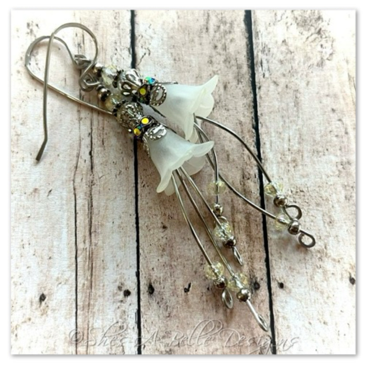 Lemon Drop Fairy Flower Cascade Earrings in Antique Silver, Lucite Flower Earrings