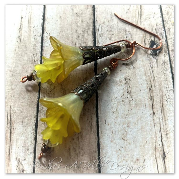 Citrus Fairy Flower Trumpet Trail Earrings in Antique Copper, Lucite Flower Earrings