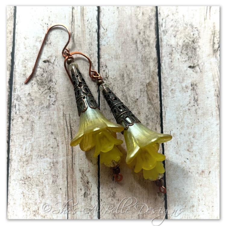 Citrus Fairy Flower Trumpet Trail Earrings in Antique Copper, Lucite Flower Earrings