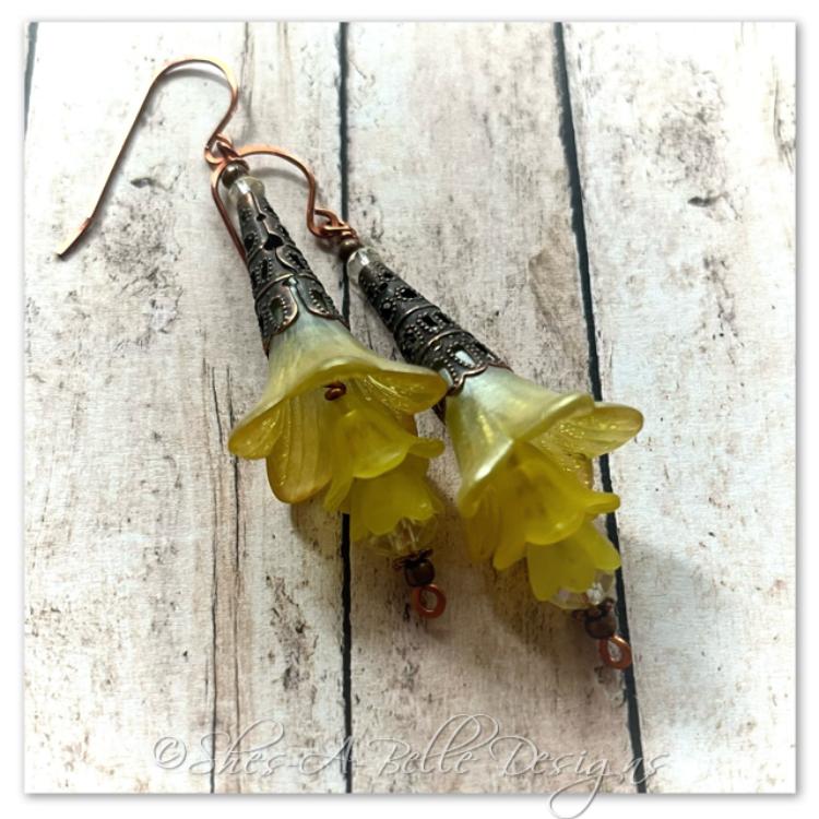 Citrus Fairy Flower Trumpet Trail Earrings in Antique Copper, Lucite Flower Earrings