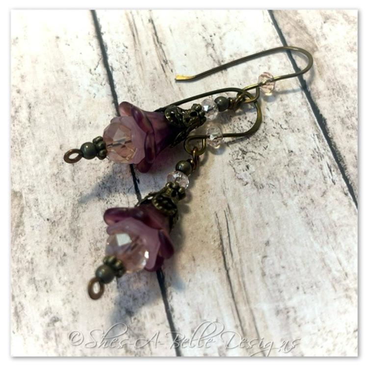 Clover Fairy Flower Drop Earrings in Antique Bronze, Lucite Flower Earrings