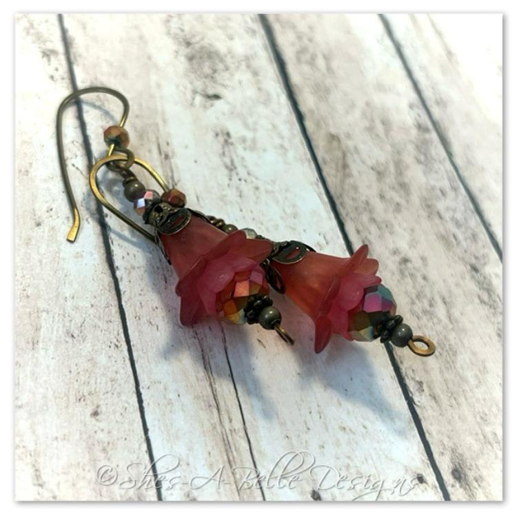 Cherry Blossom Fairy Flower Drop Earrings in Antique Bronze, Lucite Flower Earrings