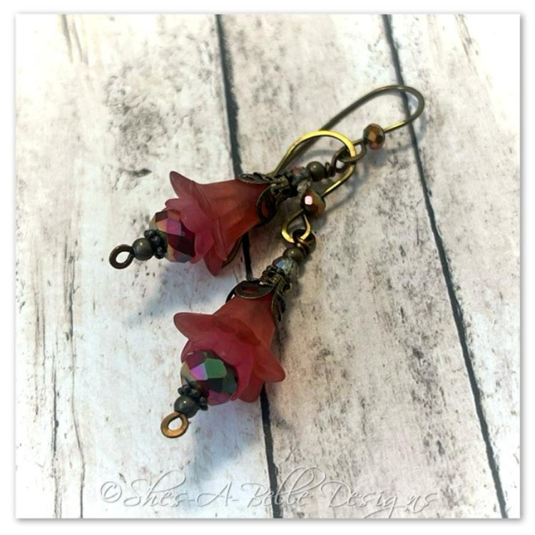 Cherry Blossom Fairy Flower Drop Earrings in Antique Bronze, Lucite Flower Earrings