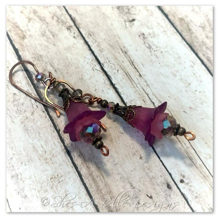 Clover Fairy Flower Drop Earrings in Antique Copper, Lucite Flower Earrings