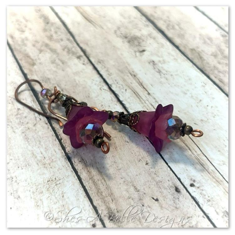 Clover Fairy Flower Drop Earrings in Antique Copper, Lucite Flower Earrings