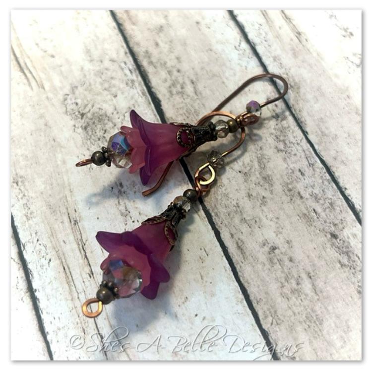 Clover Fairy Flower Drop Earrings in Antique Copper, Lucite Flower Earrings