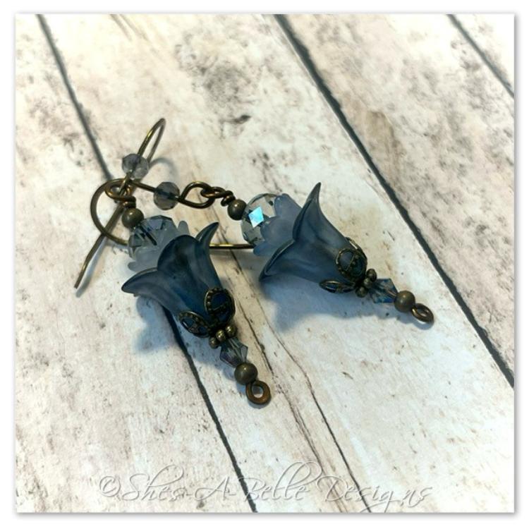 Blueberry Fairy Flower Upside Down Drop Earrings in Antique Bronze, Lucite Flower Earrings