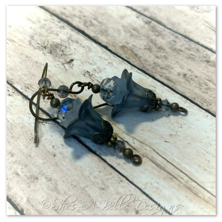 Blueberry Fairy Flower Upside Down Drop Earrings in Antique Bronze, Lucite Flower Earrings