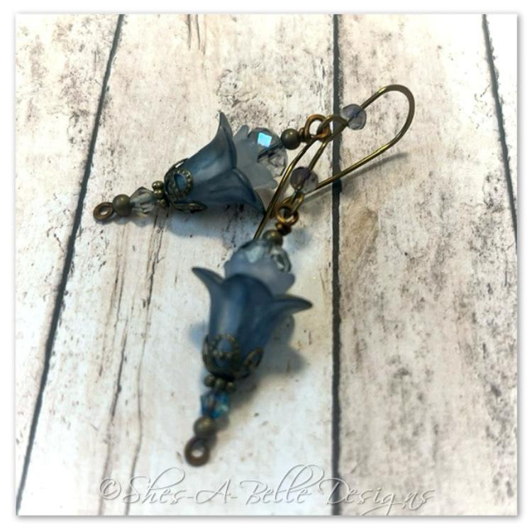 Blueberry Fairy Flower Upside Down Drop Earrings in Antique Bronze, Lucite Flower Earrings