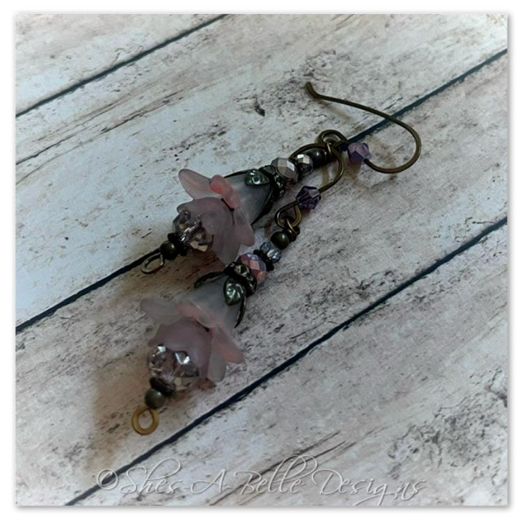 French Lilac Fairy Flower Drop Earrings in Antique Bronze, Lucite Flower Earrings