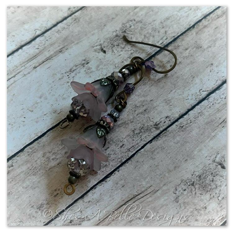 French Lilac Fairy Flower Drop Earrings in Antique Bronze, Lucite Flower Earrings