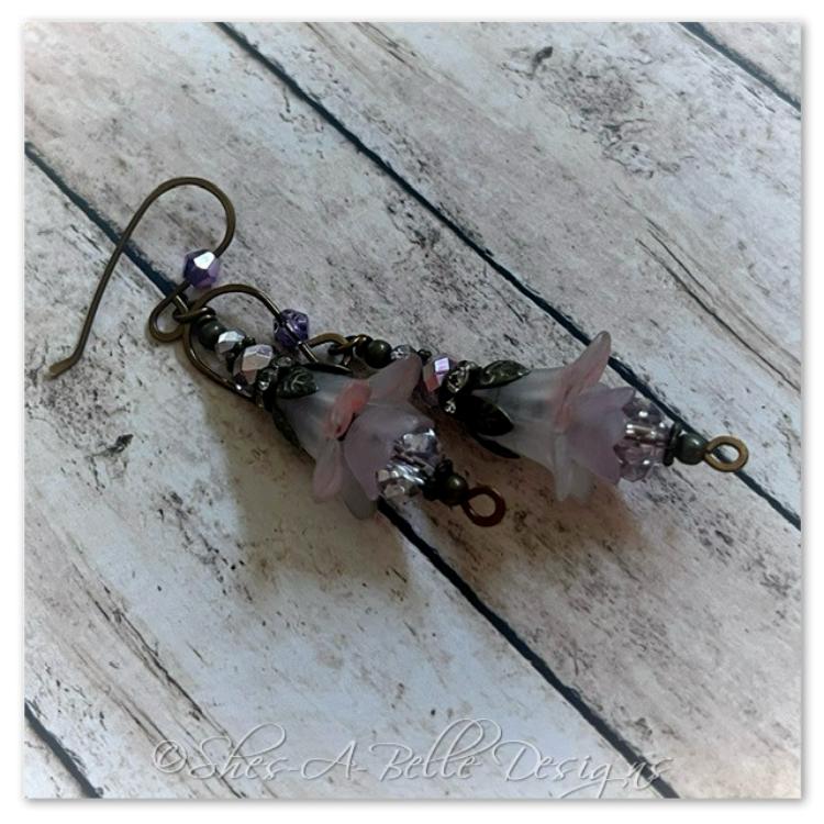 French Lilac Fairy Flower Drop Earrings in Antique Bronze, Lucite Flower Earrings