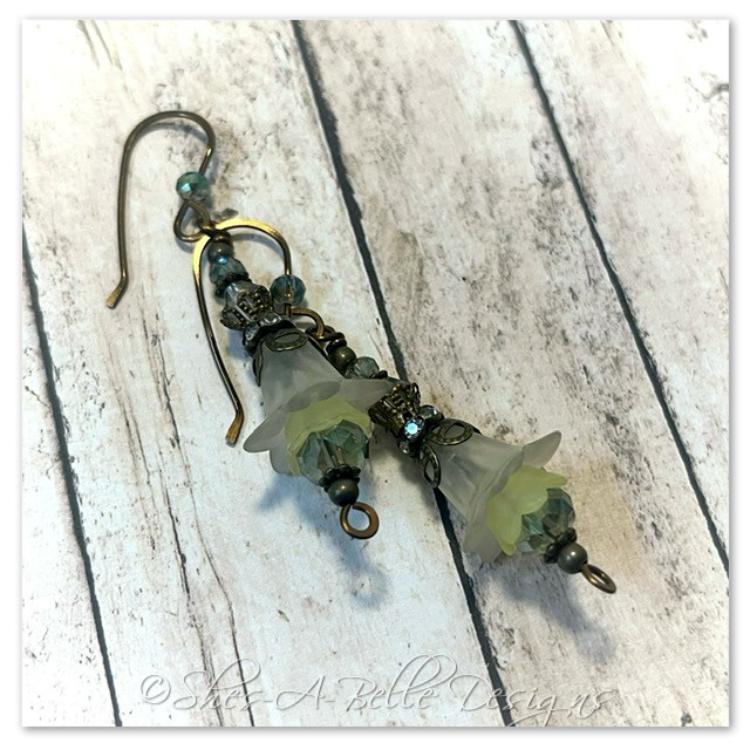 Lime Tree Fairy Flower Drop Earrings in Antique Bronze, Lucite Flower Earrings