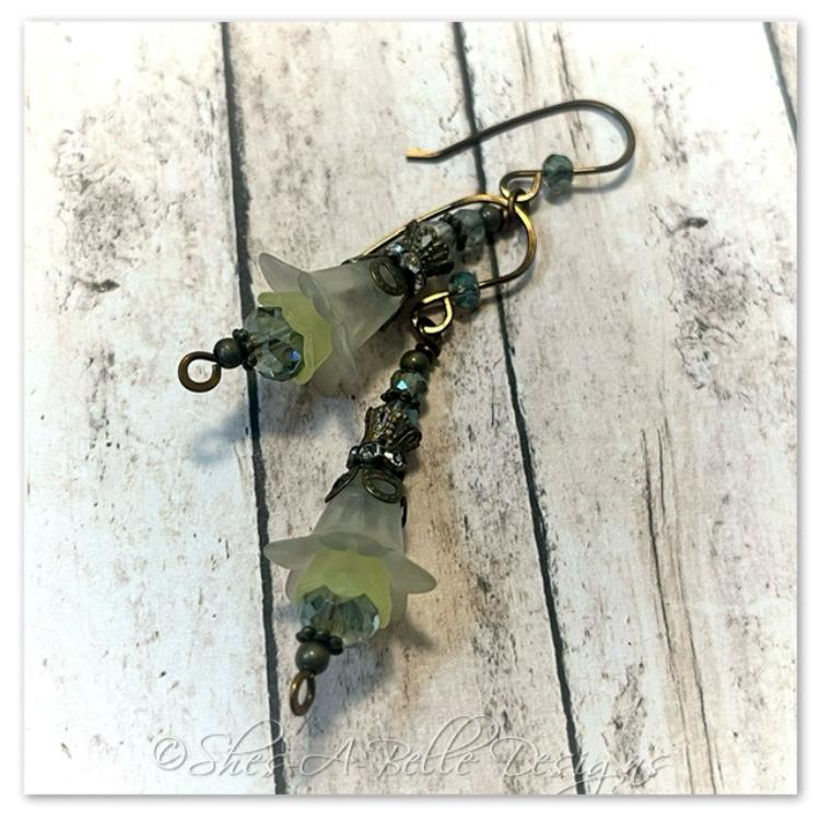 Lime Tree Fairy Flower Drop Earrings in Antique Bronze, Lucite Flower Earrings