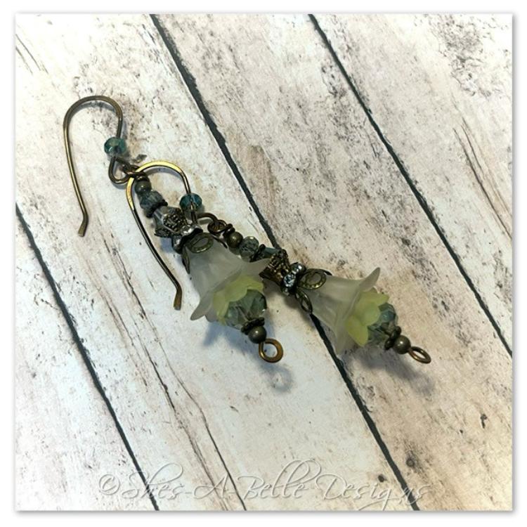 Lime Tree Fairy Flower Drop Earrings in Antique Bronze, Lucite Flower Earrings