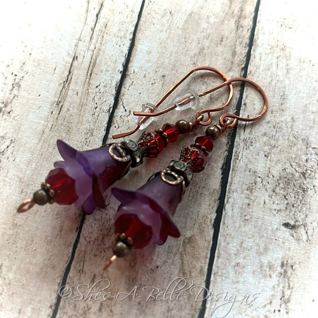 Blackberry Fairy Flower Drop Earrings in Antique Copper, Lucite Flower Earrings